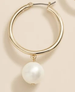 Gold-Tone Faux-Pearl Drop Hoop Earrings