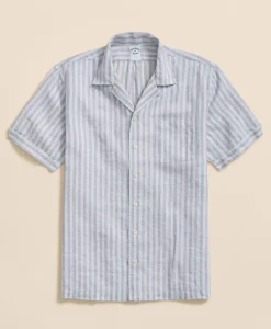 Irish Linen Camp Collar, Striped Short-Sleeve Shirt