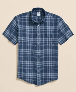 Irish Linen Polo Button Down Collar, Plaid Short-Sleeve Shirt