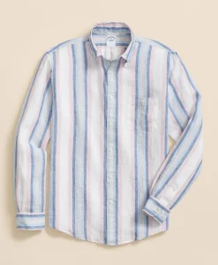 Irish Linen Polo Button Down Collar, Awning Stripe Shirt