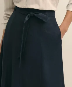 Linen-Blend Belted A-Line Skirt