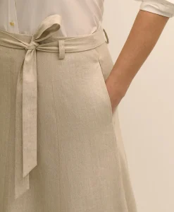 Linen-Blend Belted A-Line Skirt