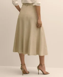 Linen-Blend Belted A-Line Skirt