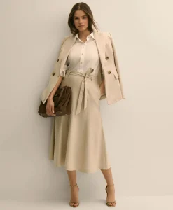 Linen-Blend Belted A-Line Skirt