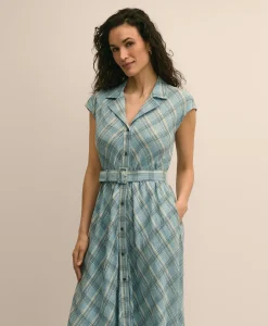 Linen Blend Plaid Belted Sleeveless Dress