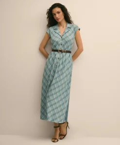 Linen Blend Plaid Belted Sleeveless Dress