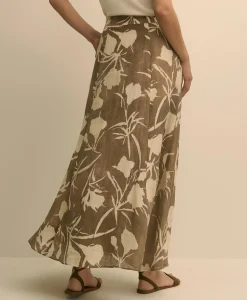 Linen-Blend Pleated Floral A-Line Skirt