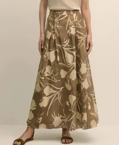 Linen-Blend Pleated Floral A-Line Skirt