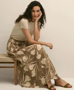 Linen-Blend Pleated Floral A-Line Skirt