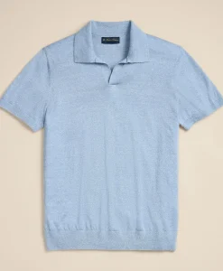 Linen-Cotton-Cashmere Short-Sleeve Mouliné Johnny Collar Sweater