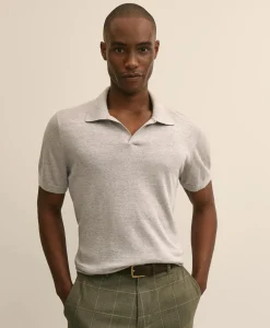 Linen-Cotton-Cashmere Short-Sleeve Mouliné Johnny Collar Sweater