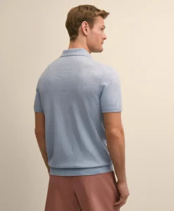 Linen-Cotton-Cashmere Short-Sleeve Mouliné Johnny Collar Sweater