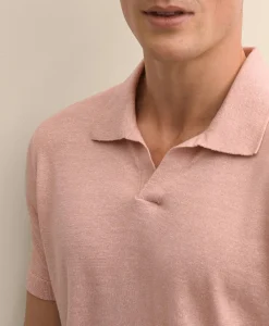 Linen-Cotton-Cashmere Short-Sleeve Mouliné Johnny Collar Sweater