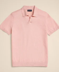 Linen-Cotton-Cashmere Short-Sleeve Mouliné Johnny Collar Sweater