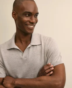 Linen-Cotton-Cashmere Short-Sleeve Mouliné Johnny Collar Sweater
