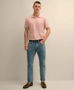 Linen-Cotton-Cashmere Short-Sleeve Mouliné Johnny Collar Sweater