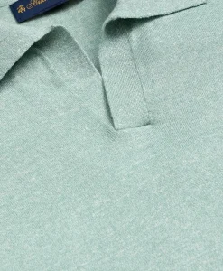 Linen-Cotton-Cashmere Short-Sleeve Mouliné Johnny Collar Sweater