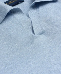 Linen-Cotton-Cashmere Short-Sleeve Mouliné Johnny Collar Sweater