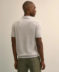 Linen-Cotton-Cashmere Short-Sleeve Mouliné Johnny Collar Sweater