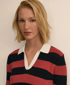Merino Wool Striped Johnny Collar Sweater