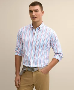 Performance Series Stretch Polo Button-Down Collar, Multi-Stripe Sport Shirt