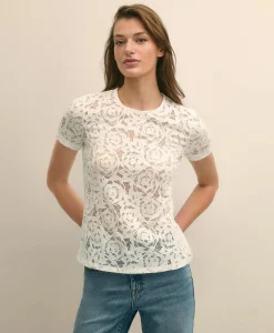 Semi-Sheer Short-Sleeve Top in Floral Lace