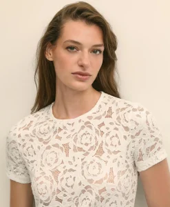 Semi-Sheer Short-Sleeve Top in Floral Lace