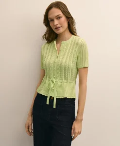 Short-Sleeve Pointelle Peplum Cardigan