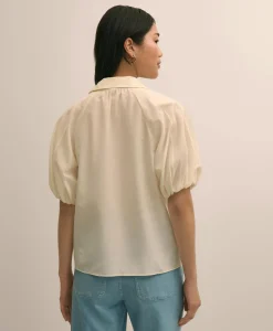 Silk-Cotton Elbow-Bubble-Sleeve Shirt
