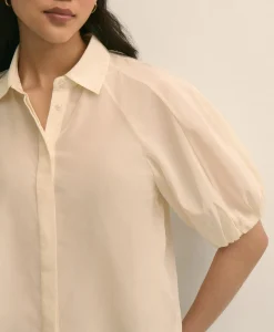 Silk-Cotton Elbow-Bubble-Sleeve Shirt