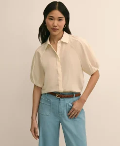 Silk-Cotton Elbow-Bubble-Sleeve Shirt