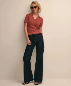 Silk-Cotton Short-Sleeve Johnny Collar Pointelle Sweater