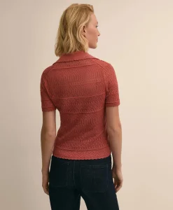 Silk-Cotton Short-Sleeve Johnny Collar Pointelle Sweater