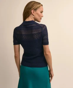 Silk-Cotton Short-Sleeve Johnny Collar Pointelle Sweater