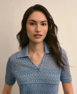 Silk-Cotton Short-Sleeve Johnny Collar Pointelle Sweater