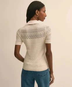 Silk-Cotton Short-Sleeve Johnny Collar Pointelle Sweater