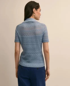 Silk-Cotton Short-Sleeve Johnny Collar Pointelle Sweater