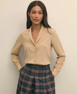 Silk Crepe Notch-Collar Blouse
