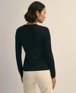 Silk-Viscose Shadow Stripe Heart-Button Sweater