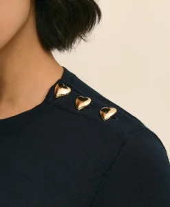 Silk-Viscose Shadow Stripe Heart-Button Sweater