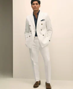 Slim Fit Cotton-Linen Herringbone Single-Pleat Suit Pants