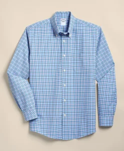 Stretch Cotton Non-Iron Broadcloth Polo Button-Down Collar, Multi-Check Sport Shirt