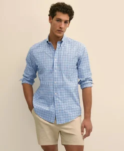 Stretch Cotton Non-Iron Broadcloth Polo Button-Down Collar, Multi-Check Sport Shirt