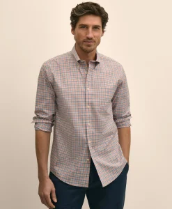 Stretch Cotton Non-Iron Broadcloth Polo Button-Down Collar, Check Sport Shirt