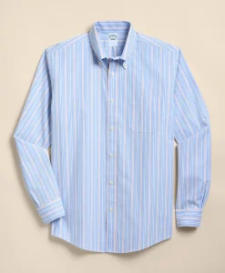 Stretch Cotton Non-Iron Broadcloth Polo Button-Down Collar, Stripe Sport Shirt