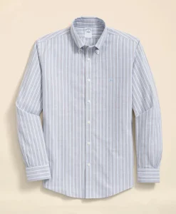 Stretch Cotton Non-Iron Oxford Polo Button Down Collar, Striped Shirt