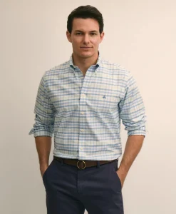 Stretch Cotton Non-Iron Oxford Polo Button Down, Plaid Sport Shirt
