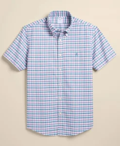 Stretch Cotton Non-Iron Oxford Polo Button Down, Multi-Grid Short Sleeve Sport Shirt