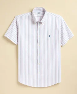Stretch Cotton Non-Iron Oxford Polo Button Down, Double-Stripe Short Sleeve Sport Shirt