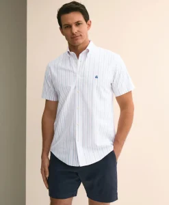 Stretch Cotton Non-Iron Oxford Polo Button Down, Double-Stripe Short Sleeve Sport Shirt